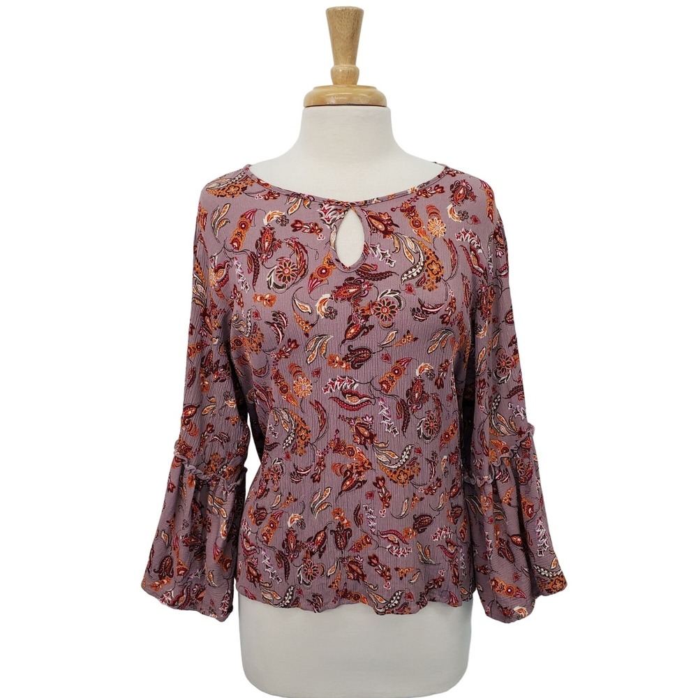Daytrip Womens XXL Mauve Paisley Bell Sleeve‎ Keyhole Neck Boho Tunic Top